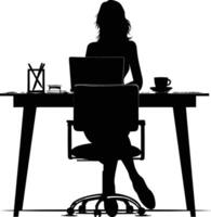 ai gegenereerd silhouet kantoor bureau met laptop en koffie met Dames werken binnen vector