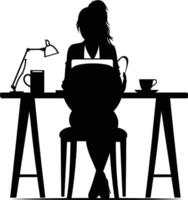 ai gegenereerd silhouet kantoor bureau met laptop en koffie met Dames werken binnen vector