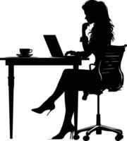 ai gegenereerd silhouet kantoor bureau met laptop en koffie met Dames werken binnen vector