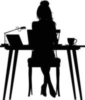 ai gegenereerd silhouet kantoor bureau met laptop en koffie met Dames werken binnen vector