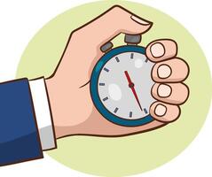 mannetje hand- Holding een stopwatch. tijd beheer concept. tijd controle, planning.vector illustratie. vector