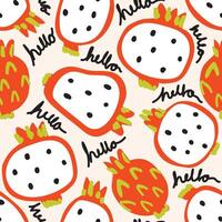 naadloos patroon van schattig groot wit draak fruit met Hallo tekst achtergrond.fruit.cartoon hand- getekende afbeelding voor kaart, poster, schat kleding.kawaii.vector.illustratie. vector