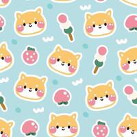 naadloos patroon van schattig gezicht shiba inu hond met zoet en fruit achtergrond.pet dier karakter tekenfilm ontwerp.japans fruit en dessert.afbeelding voor kaart, poster, sticker, baby kleding.japan.kawaii. vector