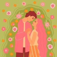 Valentijnsdag dag kaart met mooi gelukkig paar van jong vrouw en Mens omarmen in kus in een struik met bloemen. romantisch illustratie van mensen dating en in liefde vector