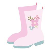 roze rubber laarzen met bloem toepassing geïsoleerd Aan wit. vector vlak rubberlaarzen illustratie. voorjaar seizoensgebonden schoenen voor regenachtig dag, bescherming kleding. ontwerp kunst voor kaart, poster, logo, decor.