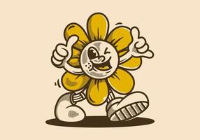 wandelen zon bloem karakter in wijnoogst retro stijl vector