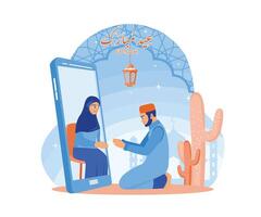 zoon verontschuldigt zich naar zijn ouders via cel telefoon. vieren eid al-fitr online. gelukkig eid mubarak concept. vlak vector modern illustratie