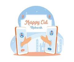 vrienden maken video oproepen Aan mobiel telefoons. vergeven elk andere en vieren eid al fitr samen. gelukkig eid mubarak concept. vlak vector modern illustratie