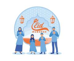 een vrolijk moslim familie viert eid al fitr samen. gelukkig eid mubarak concept. vlak vector modern illustratie