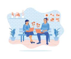 jong paar zittend Aan stoelen binnen de huis. sturen elk andere hart symbolen van de laptop scherm. online dating concept. vlak vector illustratie.