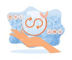 hand- Holding circulaire economie symbool. minimaliseren verspilling en bewaren natuurlijk bronnen. duurzame economisch groei met hernieuwbaar energie en natuurlijk middelen concept. vlak vector illustratie.