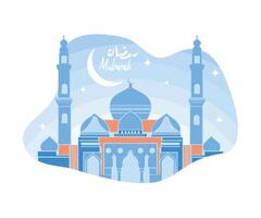 een prachtig moskee gebouw met de woorden Ramadan mubarak en een halve maan maan. moslim heilig maand. Ramadan kareem concept. vector