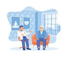 een mannetje dokter is pratend naar een mannetje geduldig Bij huis. voorzien Gezondheid advies naar patiënten. dokter pratend naar ouderen geduldig concept. vlak vector illustratie.