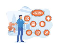 behendig programmering en devops concepten. zakenman ontwikkelen software Aan virtueel scherm. app ontwikkelaars concept. vlak vector modern illustratie