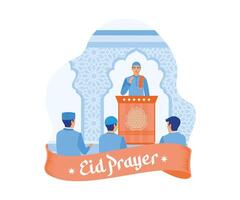 moslims uitvoeren eid gebeden samen. mensen luister naar de preek binnen de moskee. gelukkig eid mubarak concept. vlak vector modern illustratie