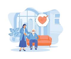 dank jij, dokter. ouder Mens Holding vrouw dokter hand. dokter pratend naar ouderen geduldig concept. vlak vector illustratie.