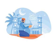 een Mens vervelend een peci is bidden Aan een gebed mat. moskee achtergrond met de woorden Ramadan kareem. Ramadan kareem concept. vlak vector modern illustratie.