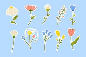 stickers voorjaar bloemen Aan een blauw achtergrond met schetsen, tulp, madeliefje en anderen. vector