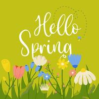 Hallo lente, vers modieus voorjaar seizoen belettering met bloemen voor groet kaart, poster met bij vector
