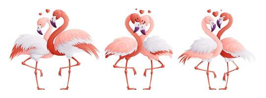 reeks van roze flamingo liefhebbers. een paar van de flamingo familie, een symbool van liefde en toewijding naar elk ander. tekenfilm stijl, vector illustratie.