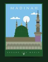 Madinah stad poster illustratie. in de omgeving van de wereld, stadsgezicht en horizon wijnoogst poster kunst van Madinah stad met masjid e nawabi. vector