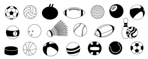 sport bal pictogrammen. tekenfilm spel bal silhouet vlak stijl, Amerikaans voetbal basketbal streetball en volleybal zwart symbolen. vector geïsoleerd verzameling