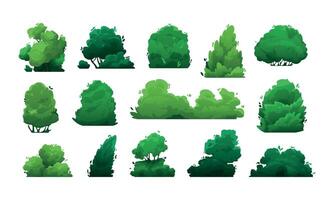 tekenfilm struiken. groen struiken en bomen voor tuin, haag en veld, floristisch decoratief elementen in vlak stijl. vector geïsoleerd reeks