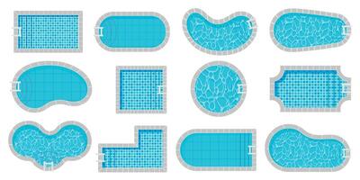 zwembad top visie. zwemmen zwembaden verschillend vormen tekenfilm stijl, luxe buitenkant zwembad met water structuur tegel, zomer vakantie zwemmen Oppervlakte. vector geïsoleerd reeks