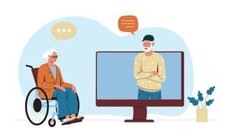 opa en grootmoeder met apparaatje. senior Mens en vrouw communiceren online. mannetje karakter pratend van computer vector