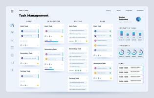 taak manager. ontwerper en organisator toepassing dashboard ui met taak prestatie werkwijze, tijd beheer web app. vector sjabloon