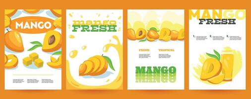 mango affiches. tropisch zoet rijp fruit met tekst en logo, tekenfilm biologisch eetpatroon folders met vegetarisch eetpatroon informatie. vector geïsoleerd reeks