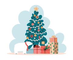 Kerstmis boom met presenteert en stapel van cadeaus vector