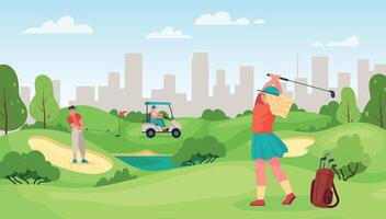 mensen spelen golf. jong vrouw en mannetje vrienden met professioneel uitrusting aan het doen sport. actief buitenshuis hobby vector