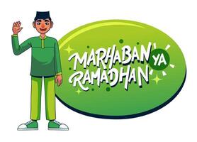 marhaban ja Ramadhan groet met hand- belettering en moslim jongen illustratie vector