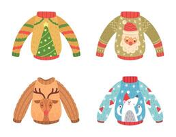 tekenfilm Kerstmis partij truien versierd Spar boom, de kerstman claus, rendier en beer ontwerp. schattig warm truien voor winter vakantie vector