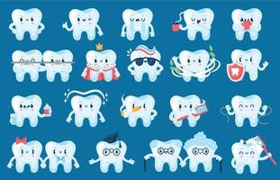 tand zorg karakter. schattig tekenfilm tanden met gelukkig gezichten voor tandheelkundig Gezondheid posters en spandoeken. vector grappig tand mascotte met tandenborstel en tandheelkundig floss geïsoleerd reeks