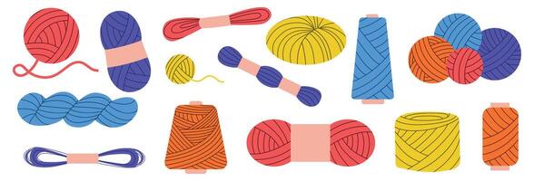 wol en spoel verzameling. tekenfilm handgemaakt spoel met draad garen, kleurrijk handgemaakt textiel uitrusting voor naaien. vector breiwerk en naaien reeks