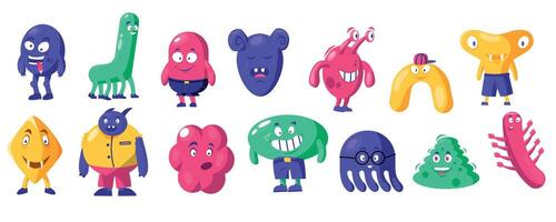 schattig abstract monsters. tekening grappig vormen buitenaards wezen tekens met verschillend emoties, figuren met schattig gezichten. vector kinderachtig monster reeks