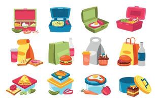 lunchbox voedsel. containers met eigengemaakt tussendoortje, groenten en fruit tekenfilm stijl, kleurrijk gezond maaltijd nul verspilling concept. vector vlak verzameling