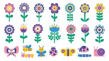 kinderen bloemen en vlinders. schattig tekenfilm gemakkelijk bloemen en bugs kinderen illustratie, voorjaar en zomer tuin elementen clip art. vector geïsoleerd reeks