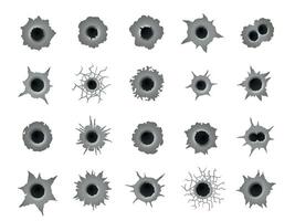 kogel gaten. geweer schot haveloos merken, geweerschot kogelgat schade wapen gevolg holtes Aan metaal staal oppervlakte crimineel verwoesting concept. vector reeks