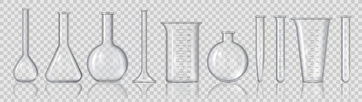 realistisch bekers en kolven. 3d leeg laboratorium meten apparatuur, glas buizen voor geneesmiddel, flessen en chemie containers vector reeks