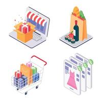 isometrische boodschappen doen concept, online bestellen voedsel en kledingmakers vector