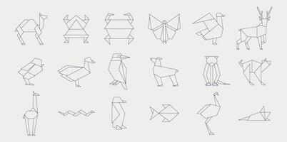 lijn origami dieren. meetkundig gevouwen Japans traditioneel papercraft dieren, gemakkelijk schets schetsen gevouwen dierentuin. vector verzameling
