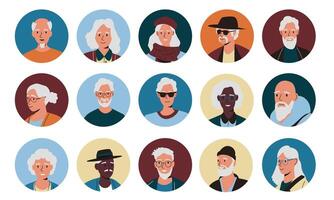 senior mensen avatars. tekenfilm ouder tekens ronde pictogrammen, gelukkig oud mannen Dames gezichten, gepensioneerde portretten voor sociaal media. vector geïsoleerd reeks
