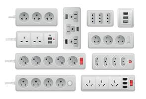 macht strip. realistisch elektrisch muur stopcontact verlenging, 3d ac stroom uitrusting met verschillend poorten connectoren en koorden. vector reeks