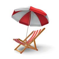 realistisch strand parasol paraplu en sjees longue voor vakantie. fauteuil stoel onder zonnescherm luifel. 3d zomer ontspanning vector concept