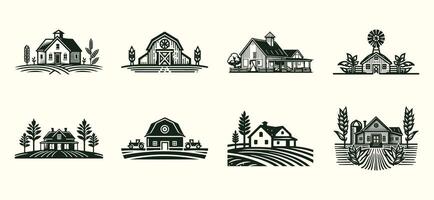 ai gegenereerd boerderij huis agrarisch logo set, retro stijl. logo van boerderij plantage landschap concept, geïsoleerd Aan wit achtergrond. vector illustratie