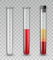 test buizen met bloed. realistisch glas medisch buis leeg, gevulde met rood cellen, bloedplaatje rijk plasma. prp dermatologie behandeling vector reeks