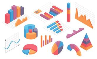 isometrische infographic grafieken. grafiek, cirkel diagram, taart tabel en kolommen met tijdlijn. bedrijf statistisch en analytisch element vector reeks